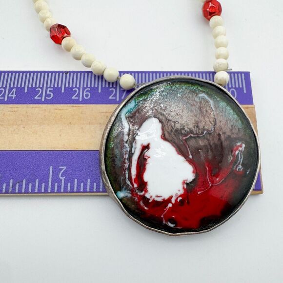 Vintage Handmade Enamel Sterling Silver Artisan Mother of Pearl Bead Necklace - Picture 14 of 14